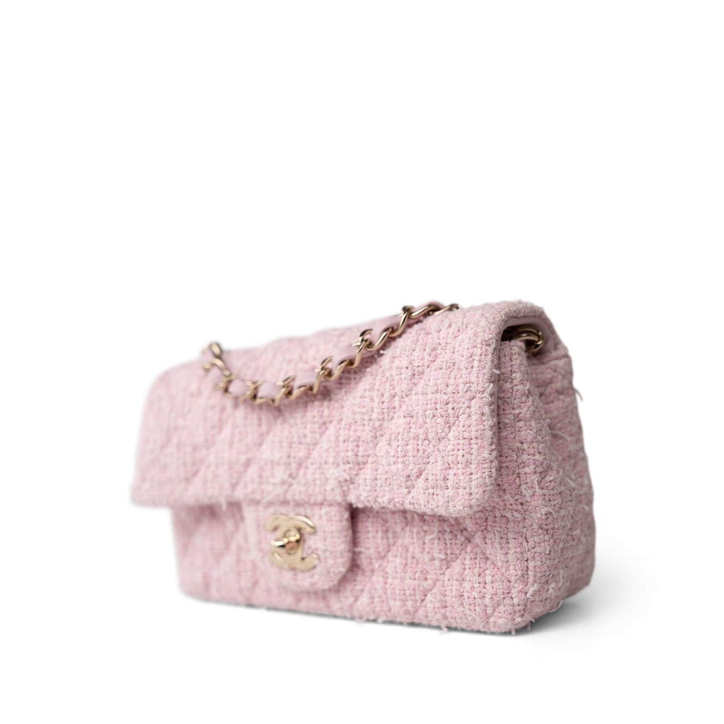 21S Pink White Tweed Quilted Mini Rectangular Flap Light Gold Hardware