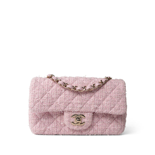 21S Pink White Tweed Quilted Mini Rectangular Flap Light Gold Hardware
