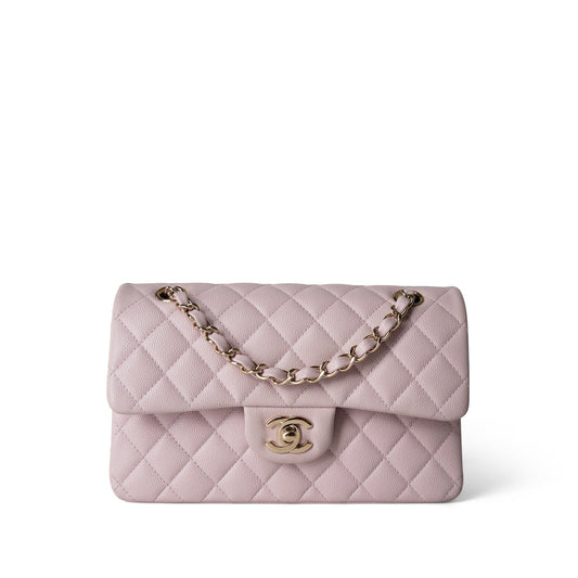 21S Rose Clair Caviar Quilted Classic Flap Small Light Gold Hardware