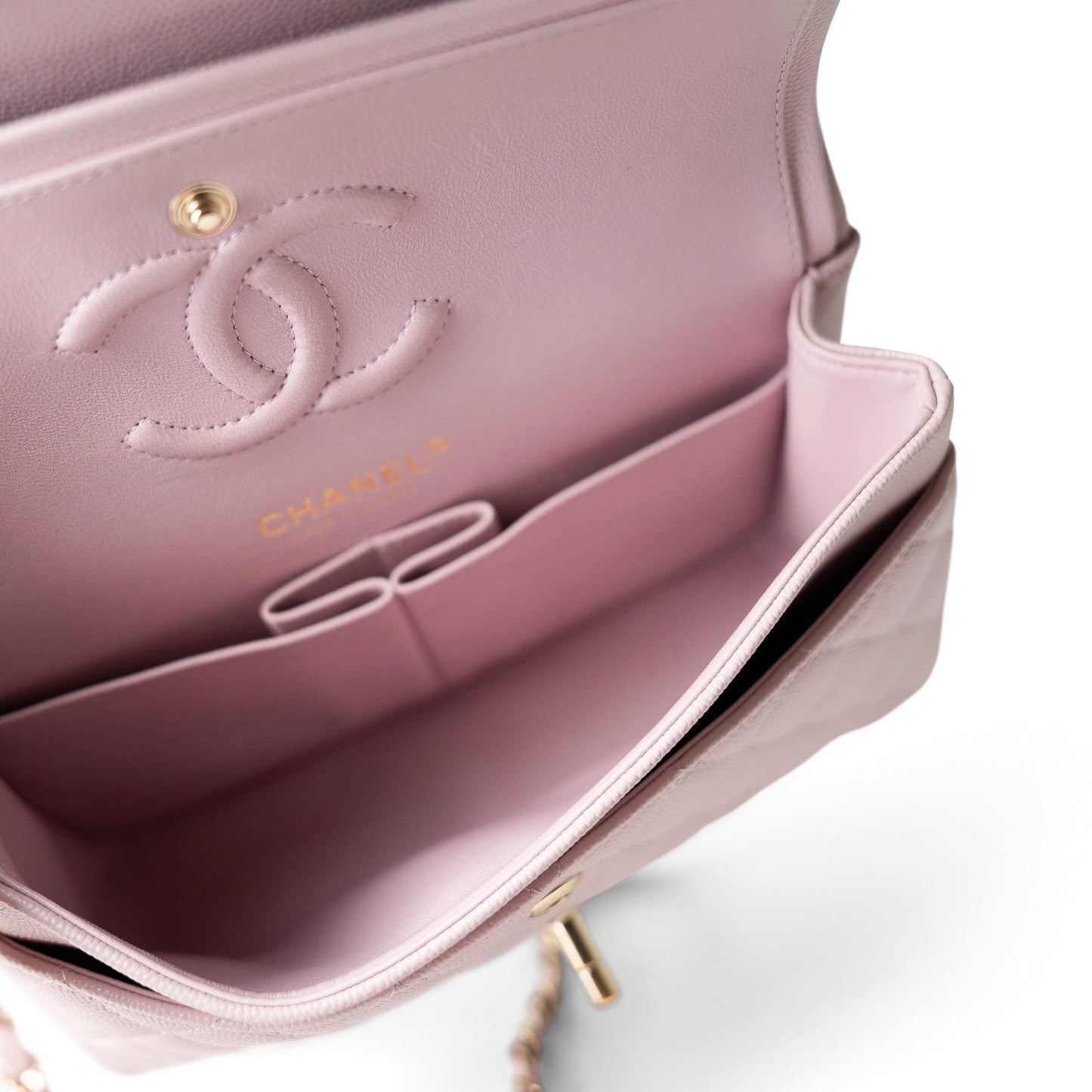 21S Rose Clair Caviar Quilted Classic Flap Small Light Gold Hardware