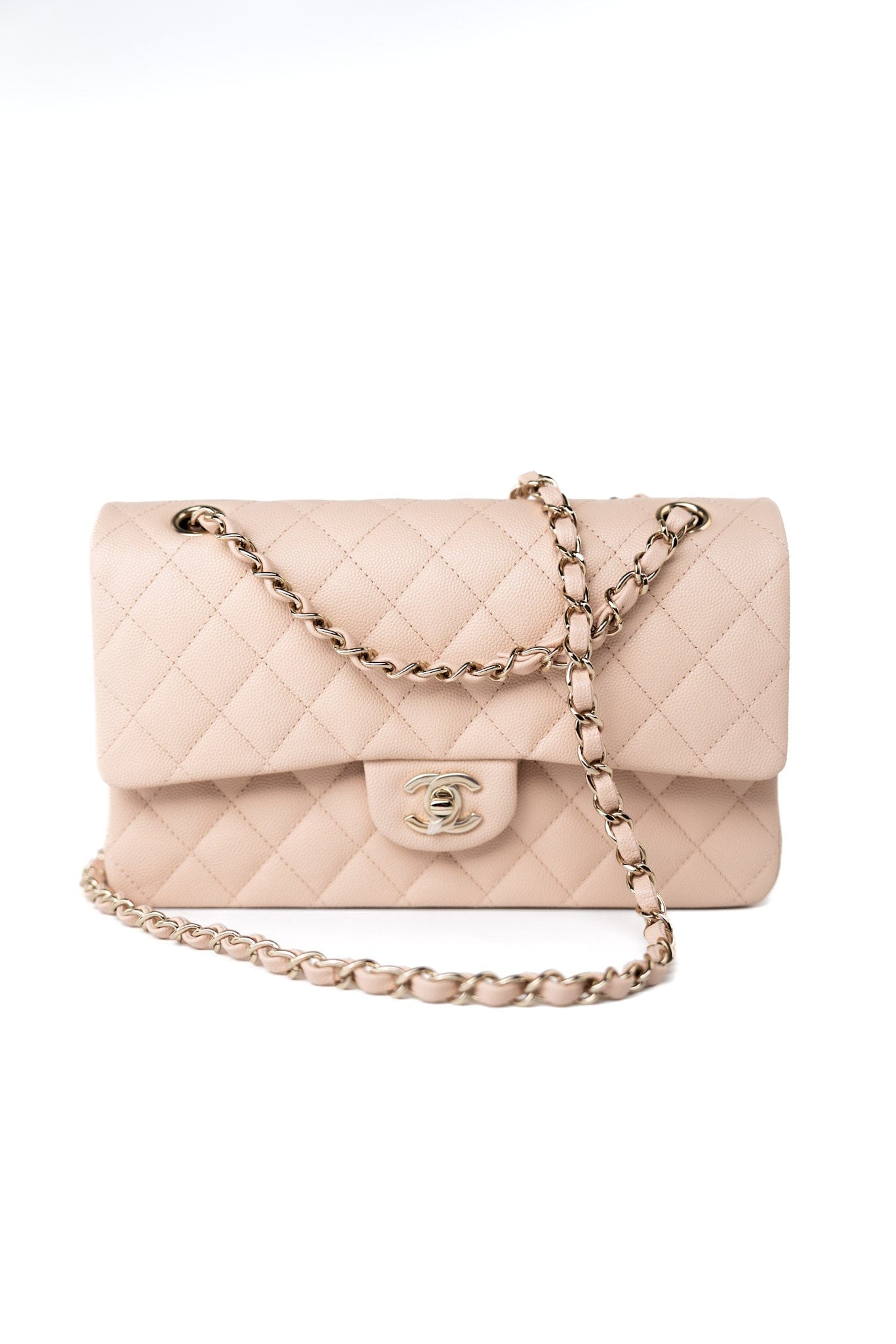 22c Beige Caviar Quilted Classic Flap Light Gold Hardware