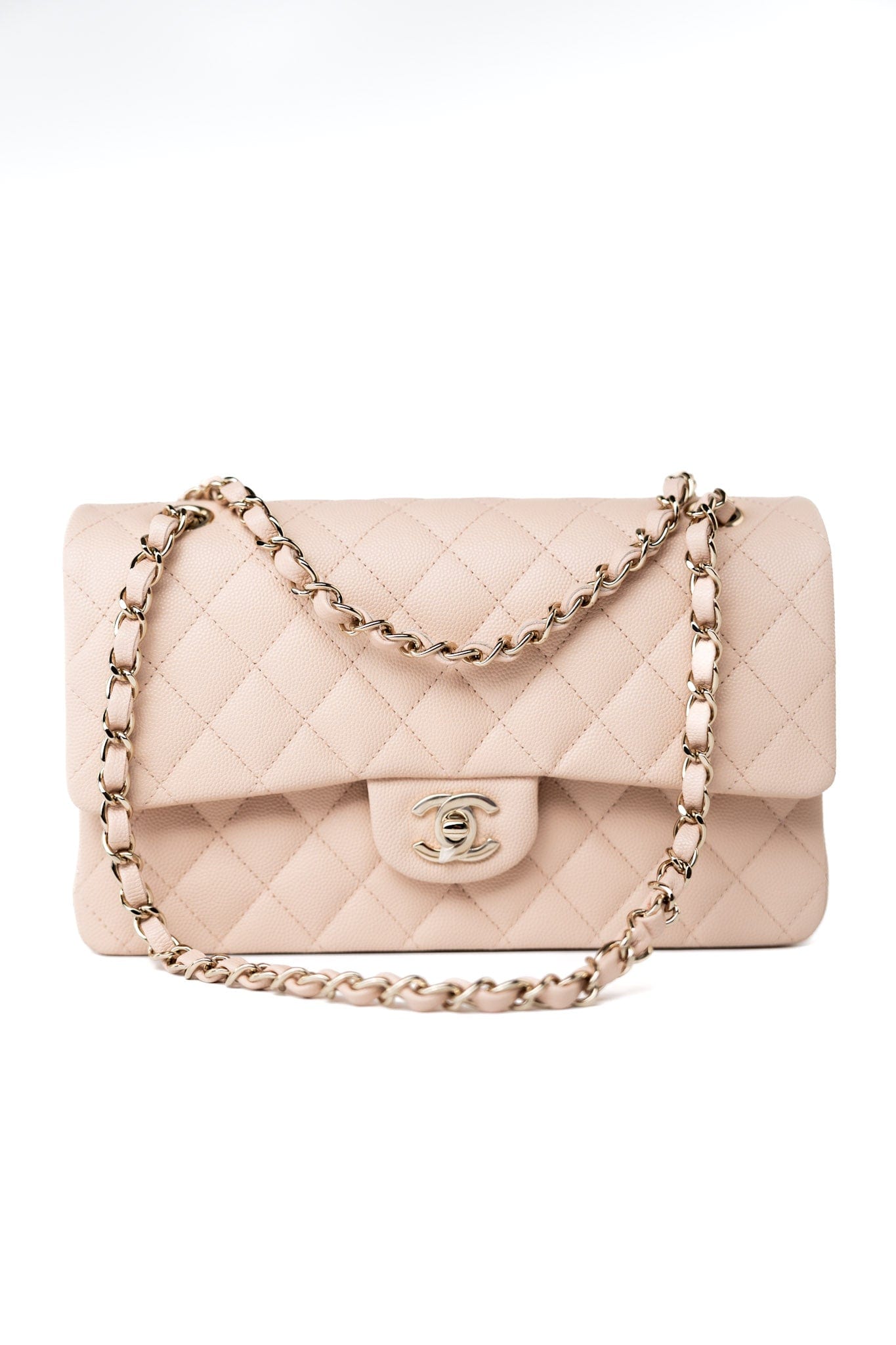 22c Beige Caviar Quilted Classic Flap Light Gold Hardware