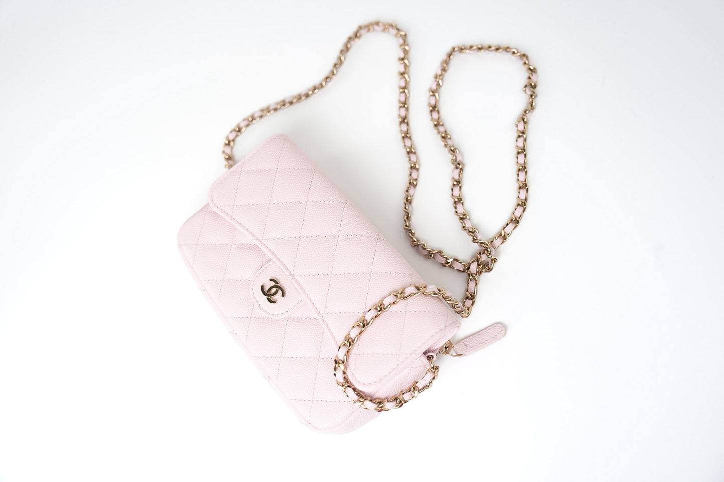 22P Light Pink Caviar Quilted Flap Phone Holder with Classic Chain LGHW