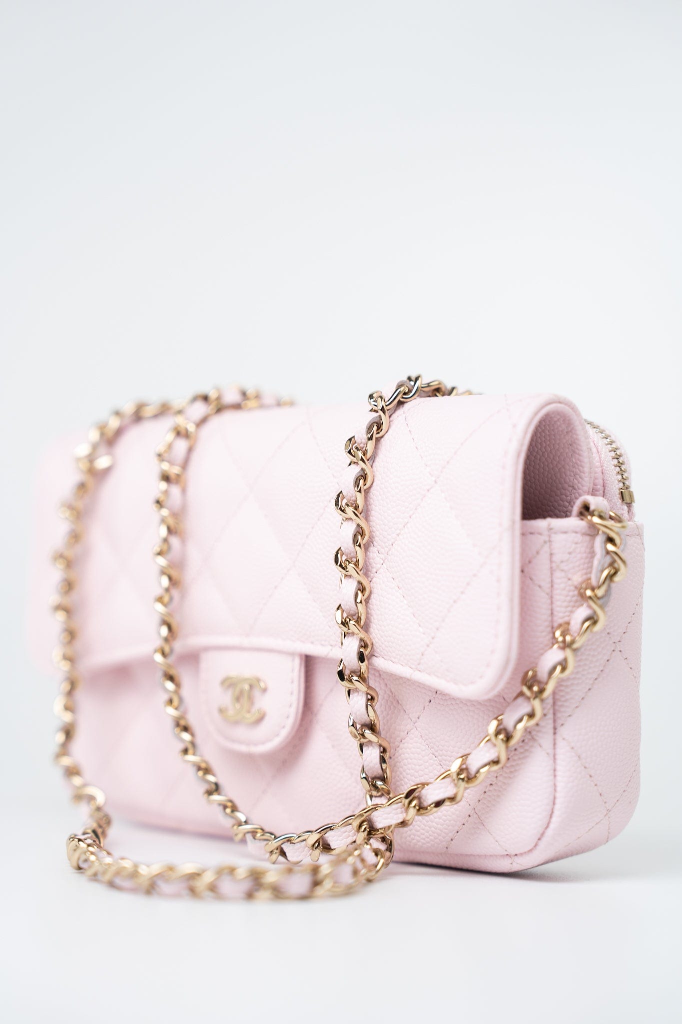 22P Light Pink Caviar Quilted Flap Phone Holder with Classic Chain LGHW