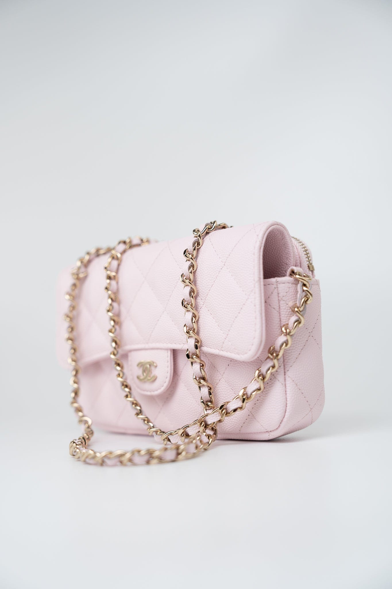 22P Light Pink Caviar Quilted Flap Phone Holder with Classic Chain LGHW