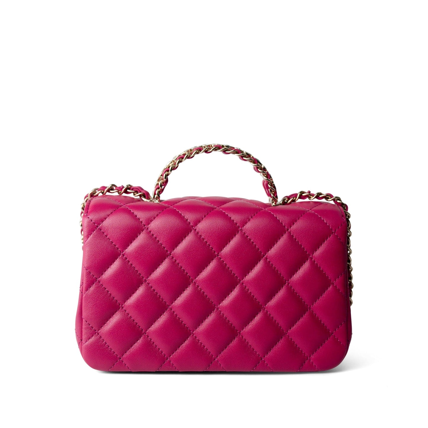 23A Dark Pink Lambskin Quilted Mini Flap Bag with Jeweled Top Handle Light Gold Hardware