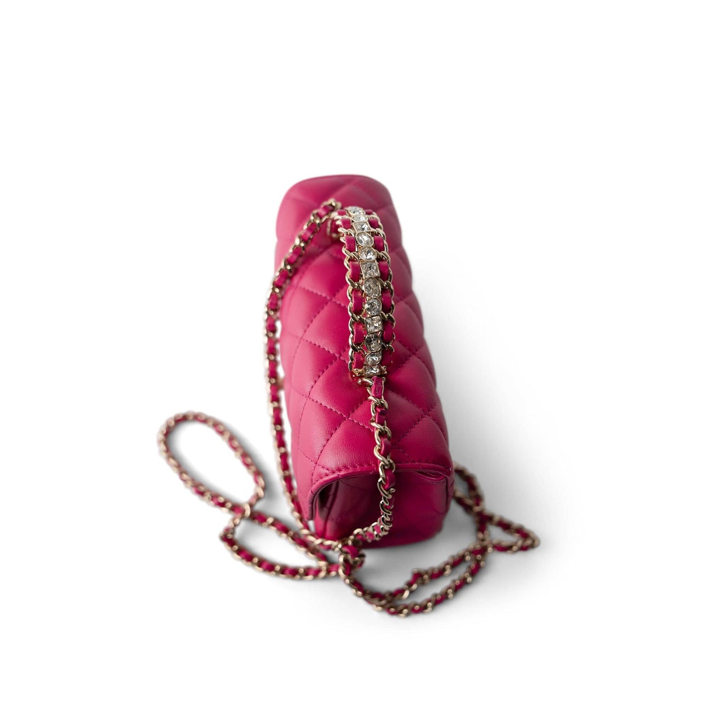 23A Dark Pink Lambskin Quilted Mini Flap Bag with Jeweled Top Handle Light Gold Hardware