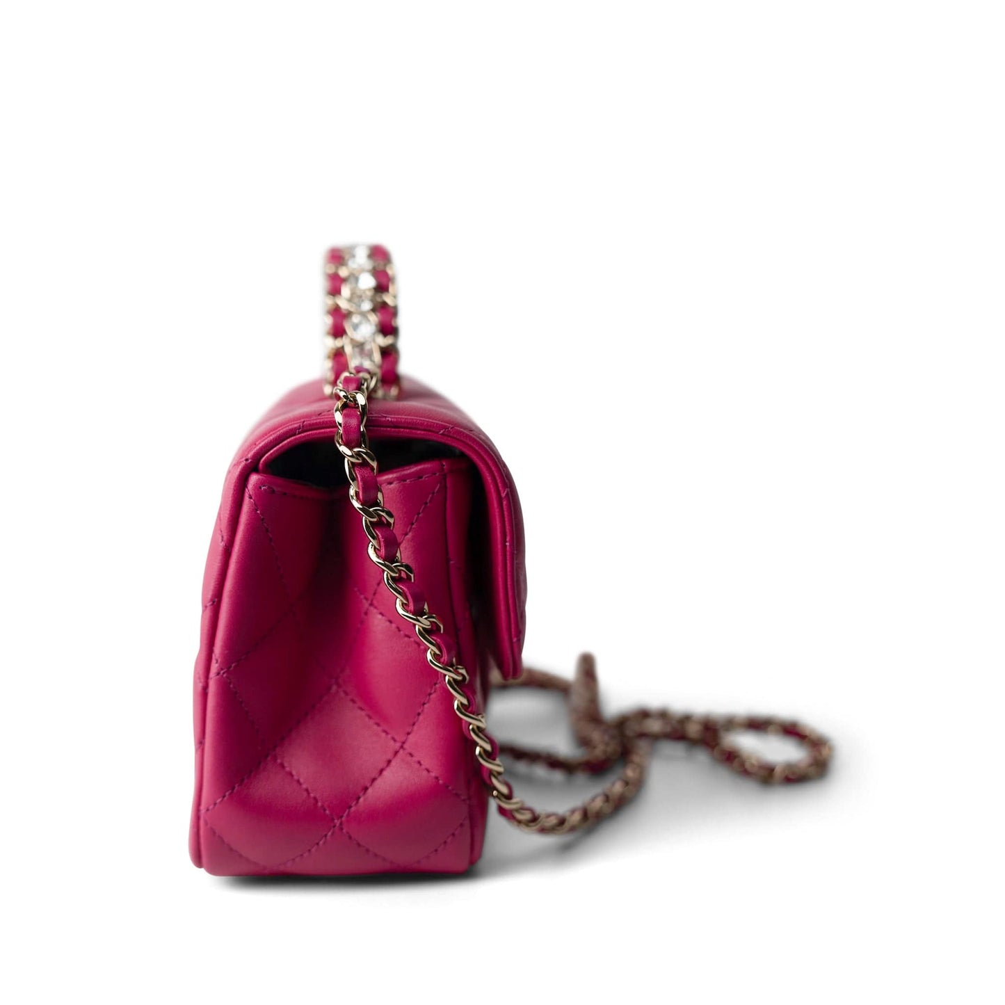 23A Dark Pink Lambskin Quilted Mini Flap Bag with Jeweled Top Handle Light Gold Hardware