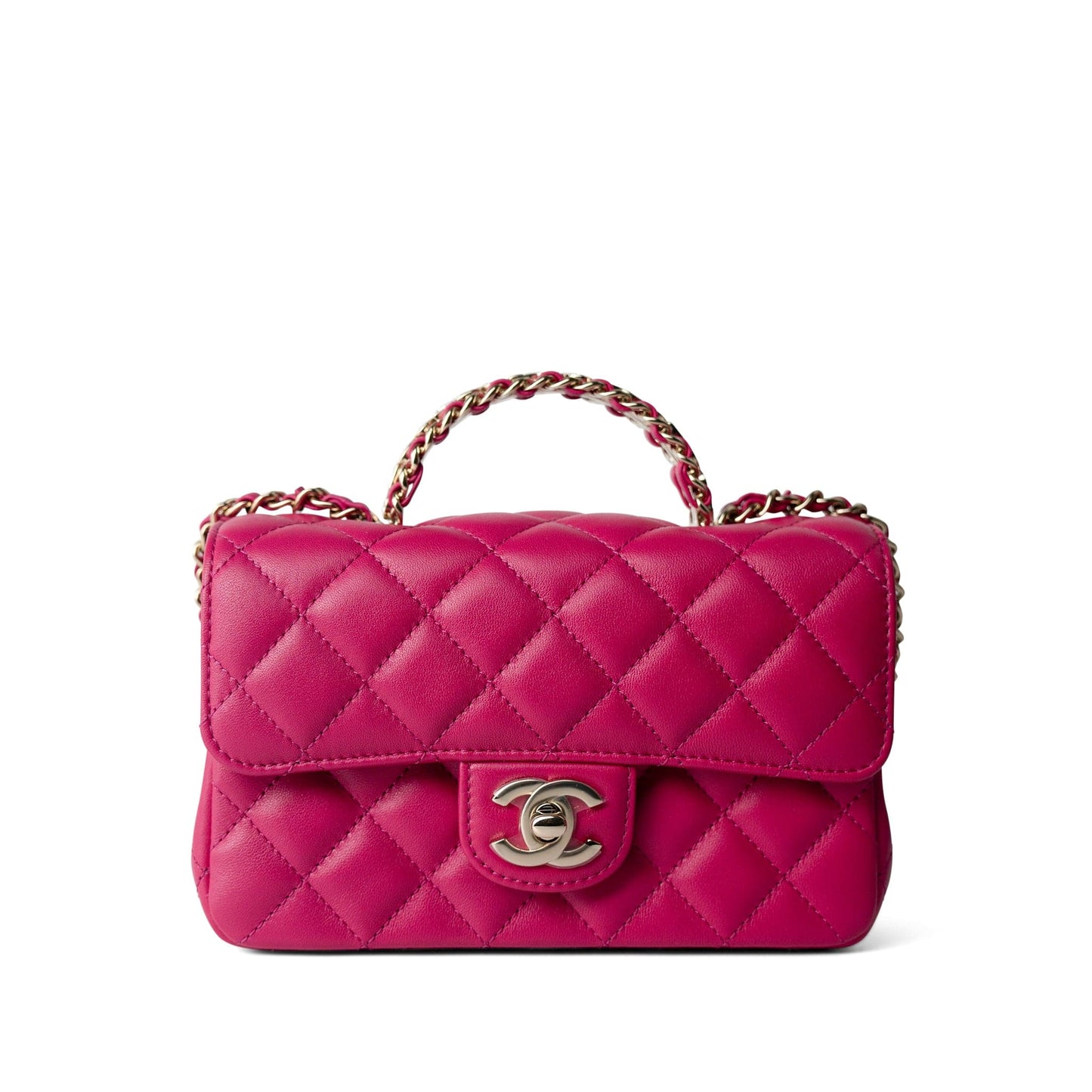 23A Dark Pink Lambskin Quilted Mini Flap Bag with Jeweled Top Handle Light Gold Hardware