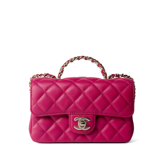 23A Dark Pink Lambskin Quilted Mini Flap Bag with Jeweled Top Handle Light Gold Hardware