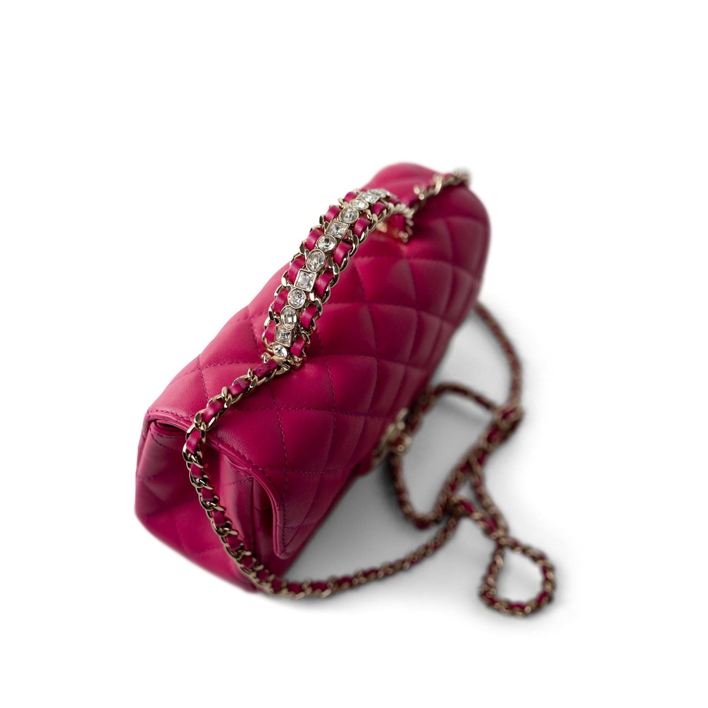 23A Dark Pink Lambskin Quilted Mini Flap Bag with Jeweled Top Handle Light Gold Hardware