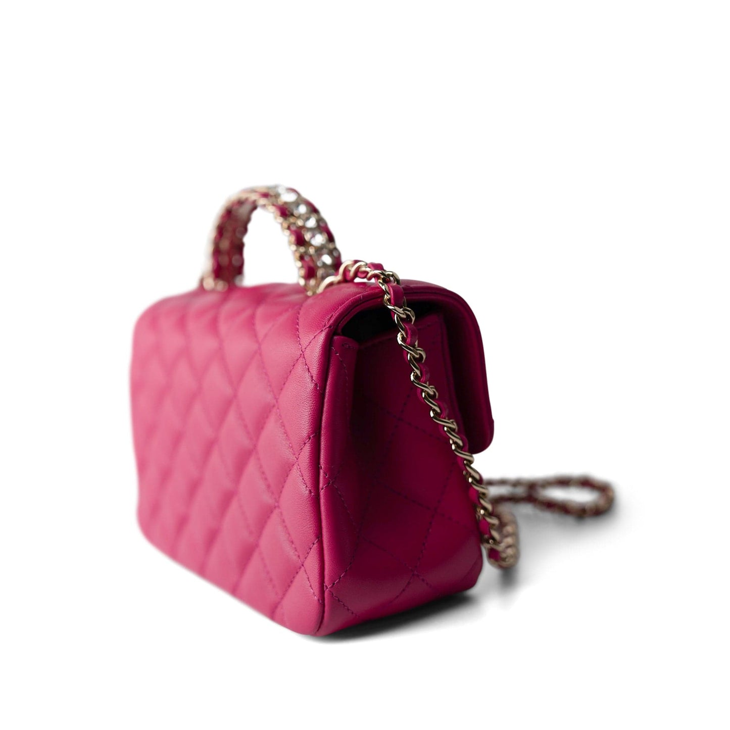 23A Dark Pink Lambskin Quilted Mini Flap Bag with Jeweled Top Handle Light Gold Hardware