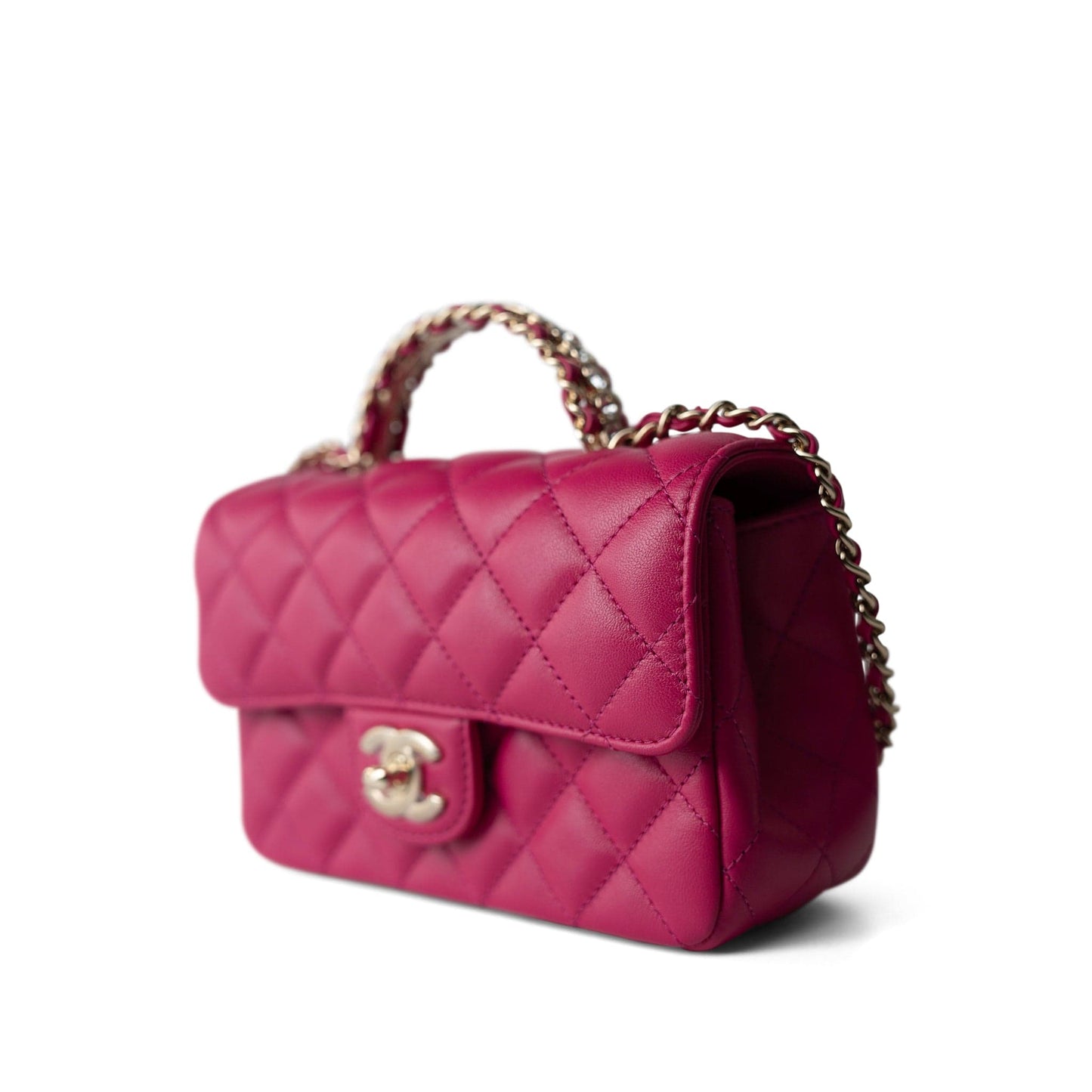 23A Dark Pink Lambskin Quilted Mini Flap Bag with Jeweled Top Handle Light Gold Hardware