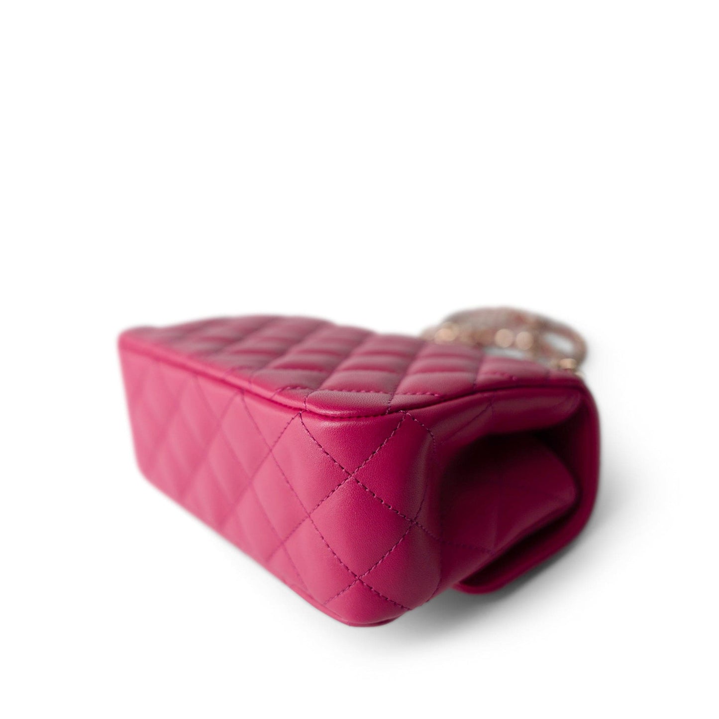 23A Dark Pink Lambskin Quilted Mini Flap Bag with Jeweled Top Handle Light Gold Hardware