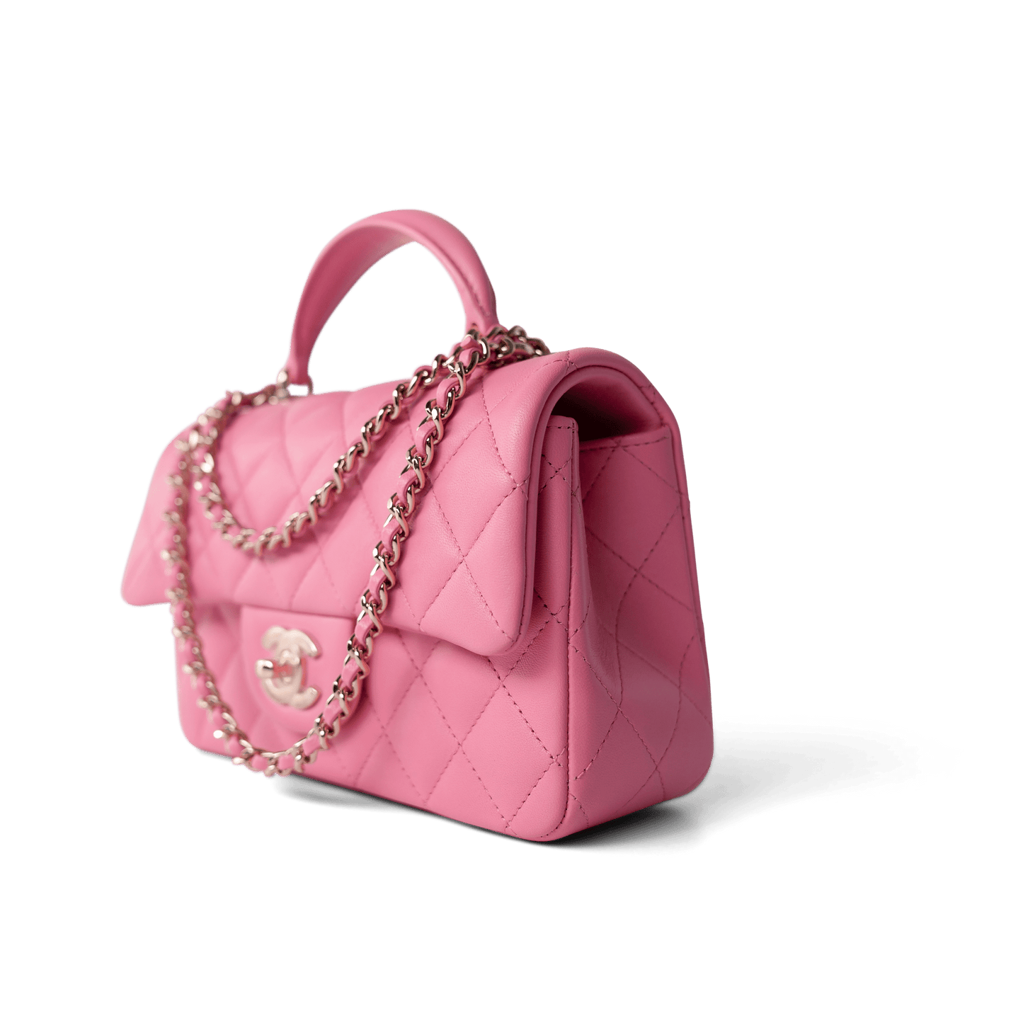 23P Pink Lambskin Quilted Mini Top Handle Light Gold Hardware