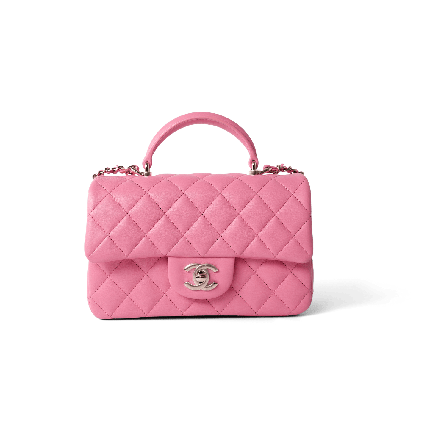 23P Pink Lambskin Quilted Mini Top Handle Light Gold Hardware