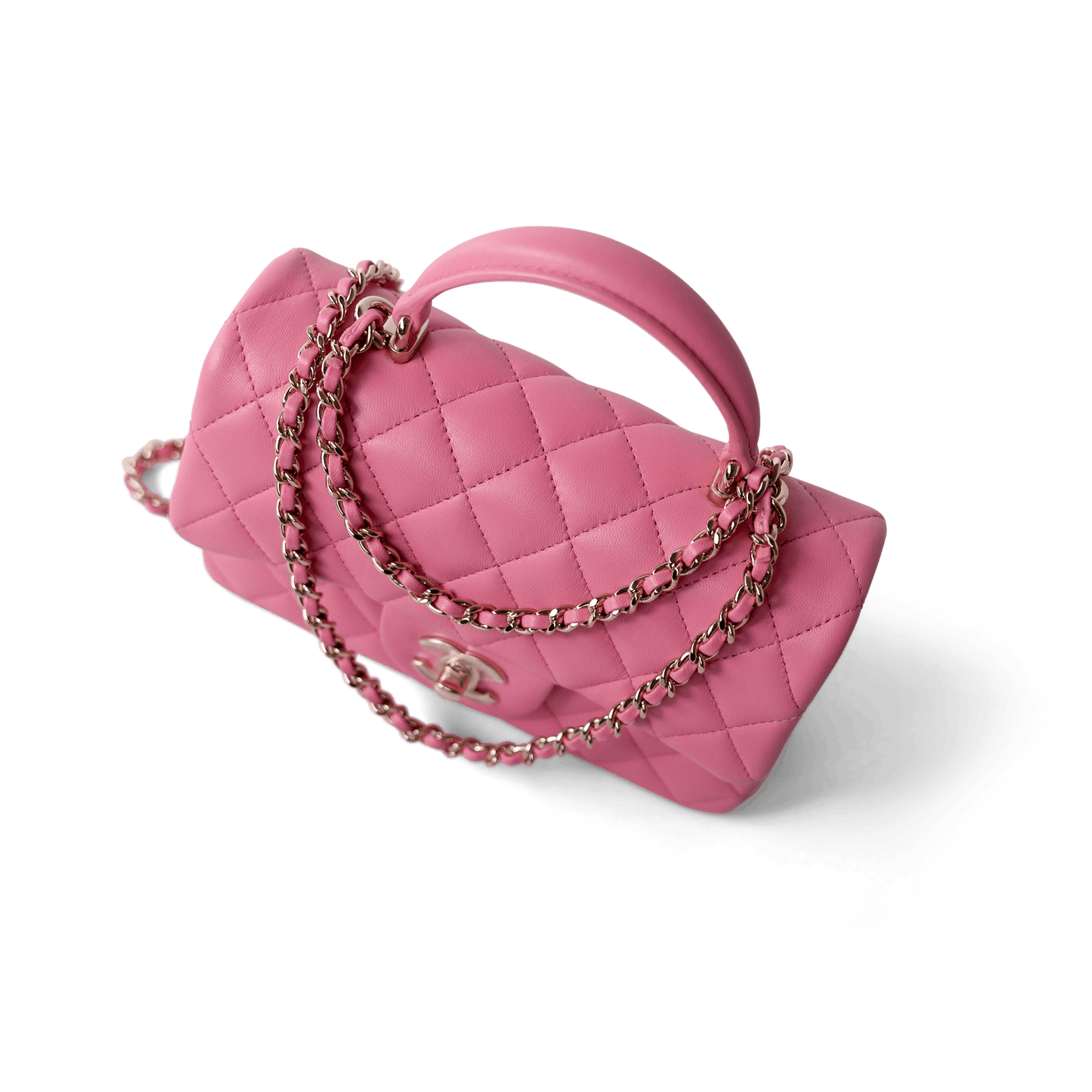 23P Pink Lambskin Quilted Mini Top Handle Light Gold Hardware