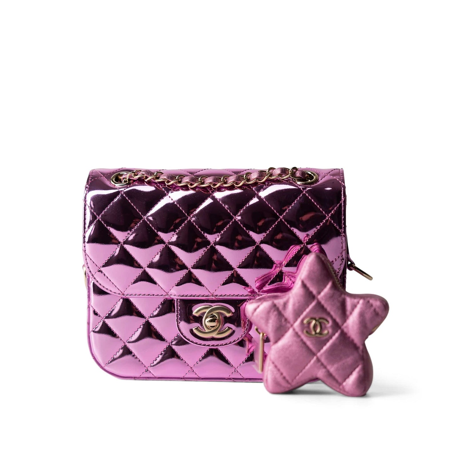 24C Shiny Pink Calfskin Quilted Flap Bag & Coin Purse