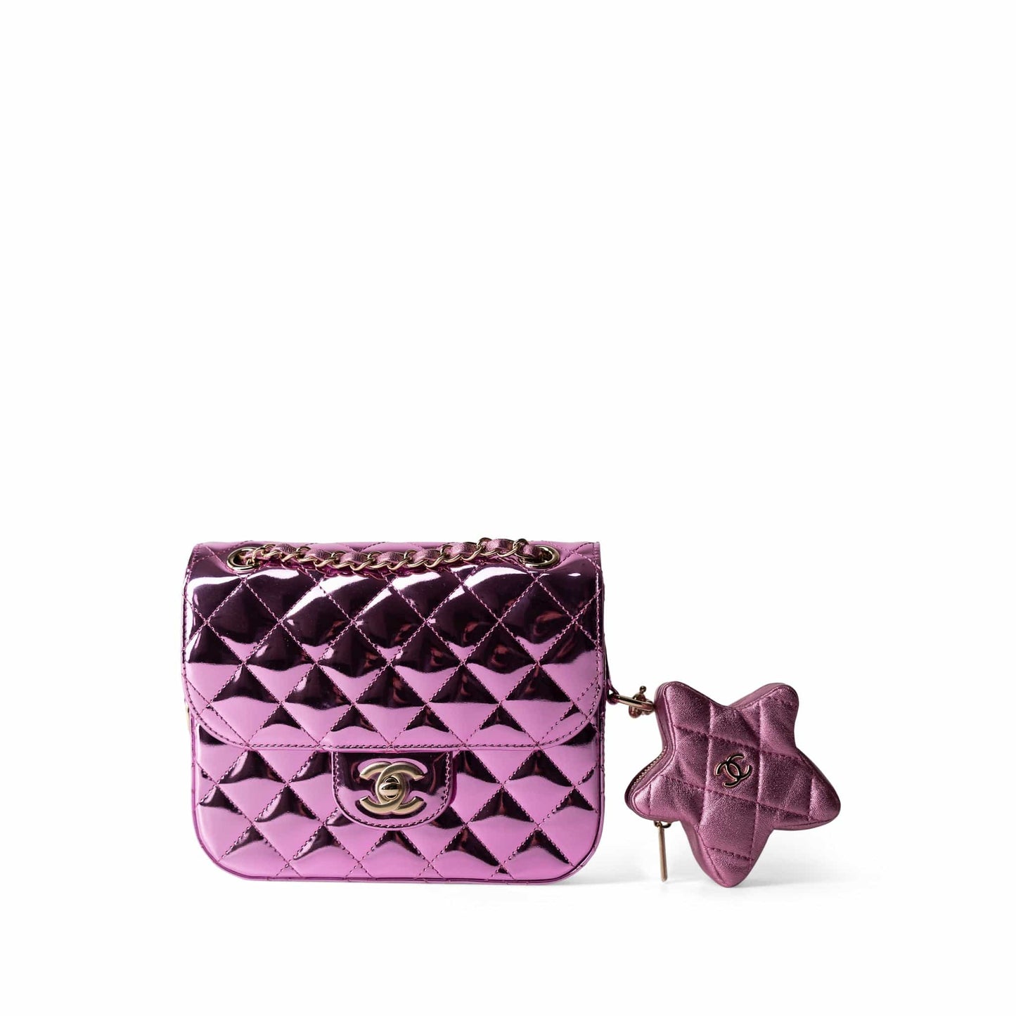 24C Shiny Pink Calfskin Quilted Flap Bag & Coin Purse