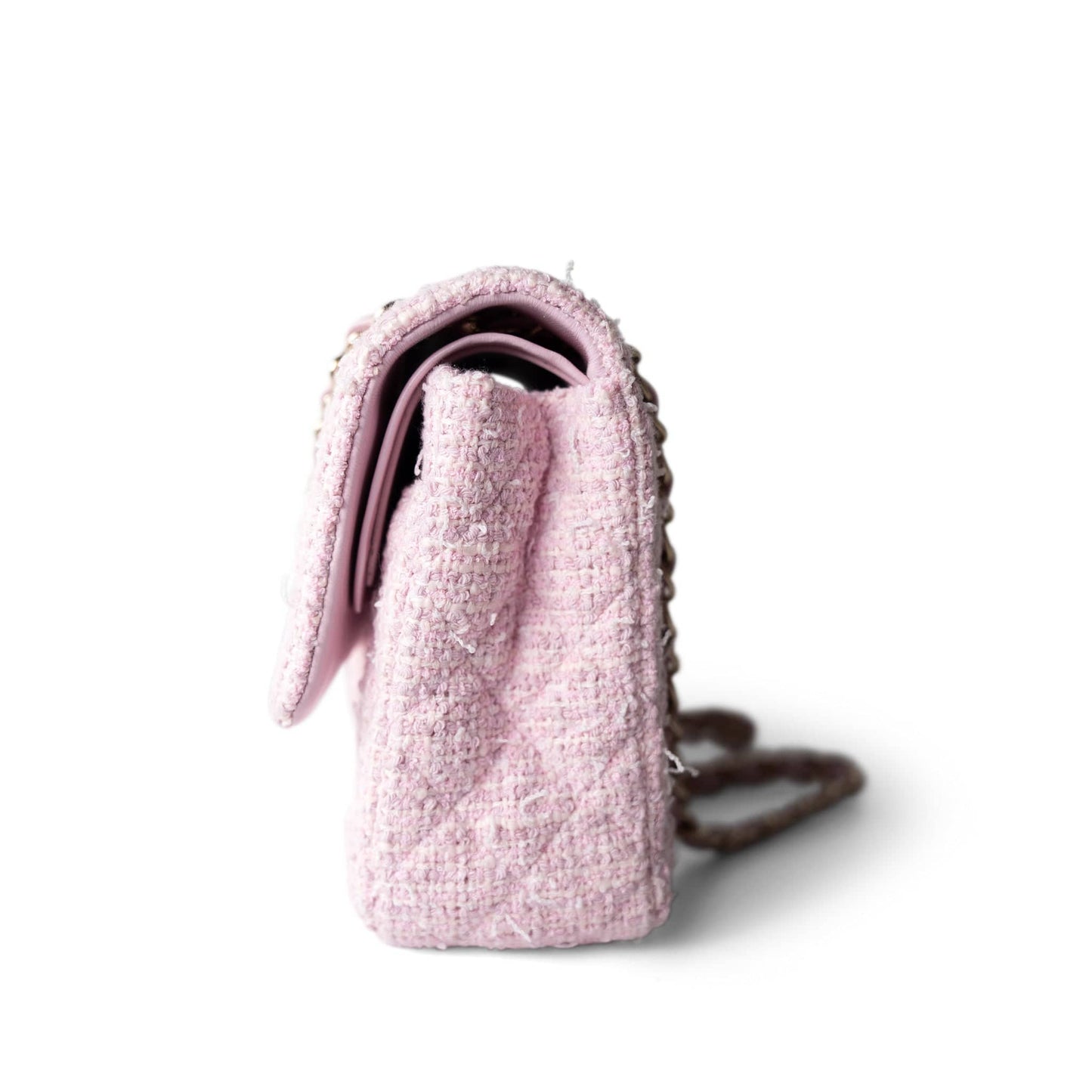 21S Pink Tweed Quilted Classic Flap Medium Light Gold Hardware
