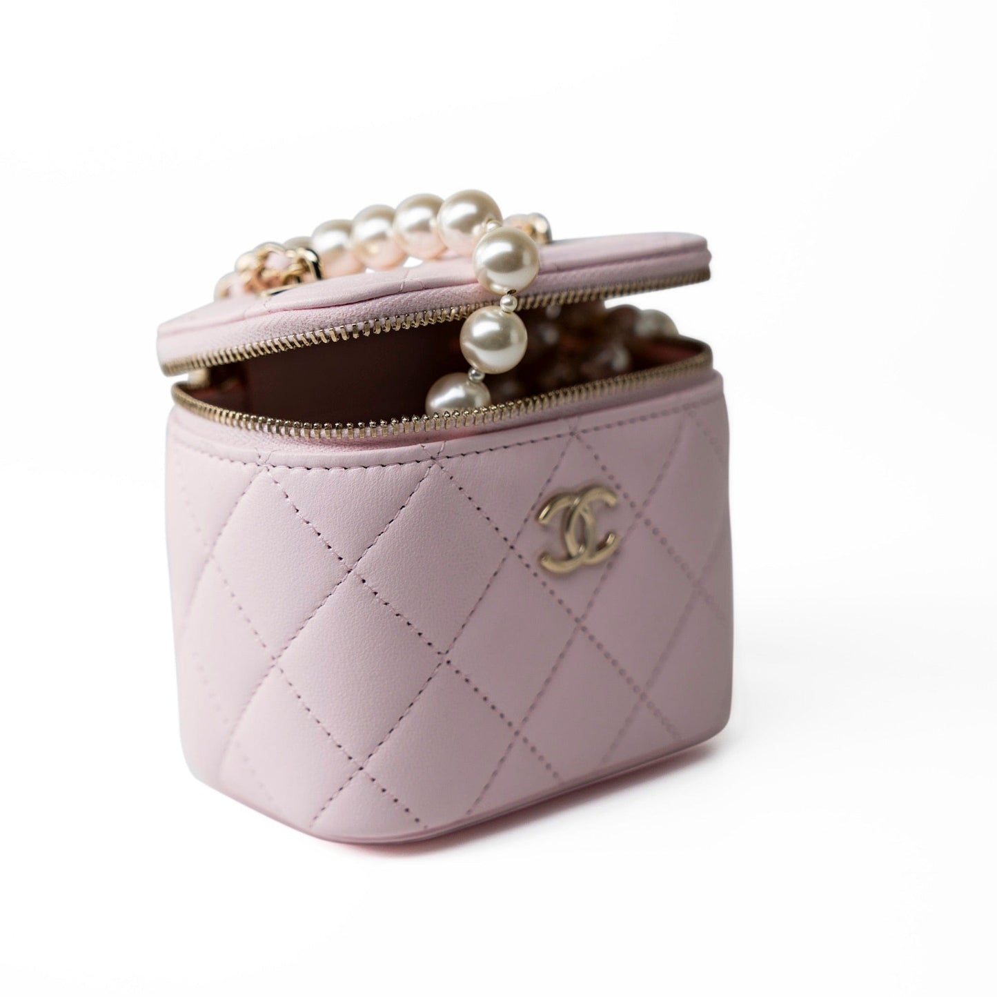 Light Pink Lambskin Quilted Mini Vanity Case With Pearl Chain