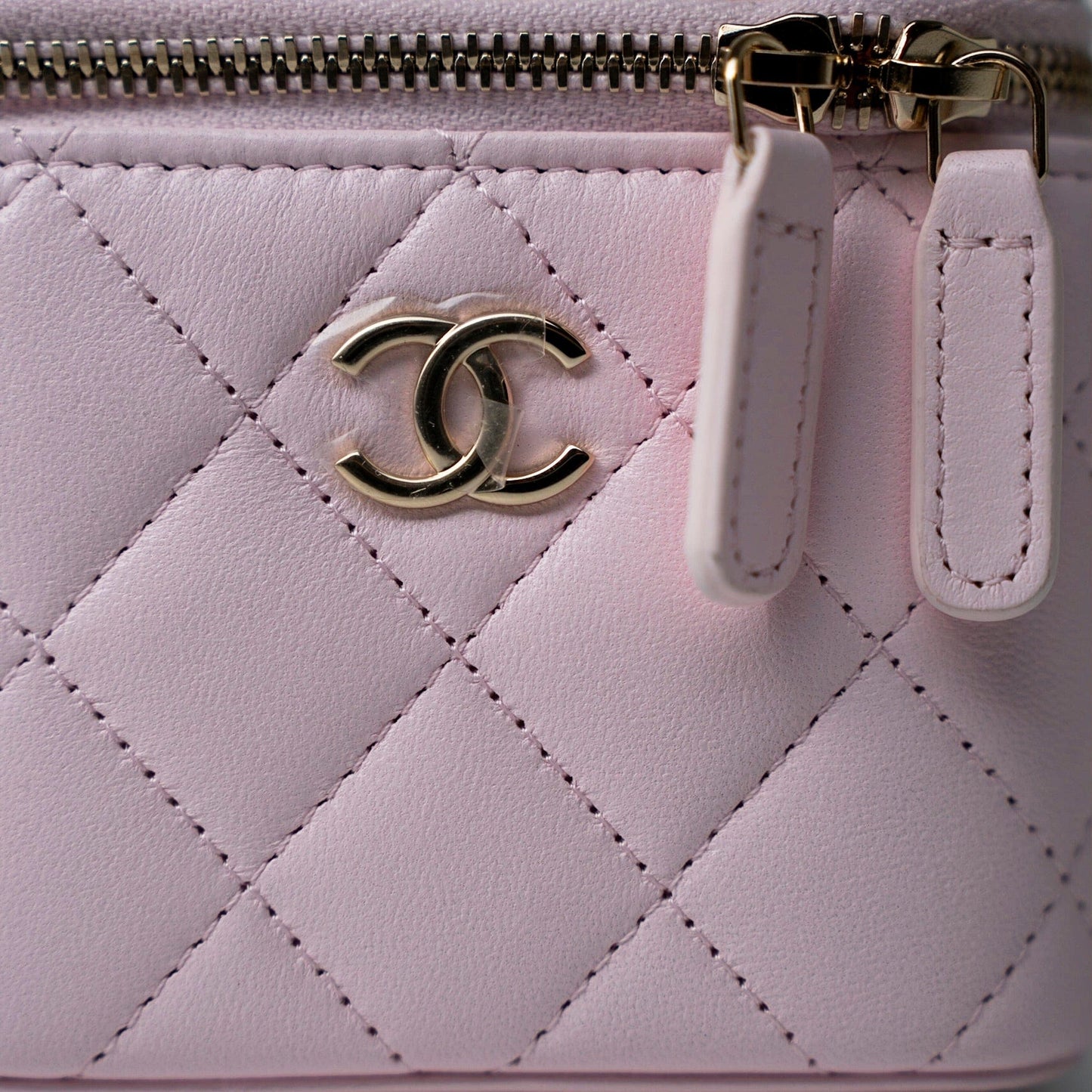Light Pink Lambskin Quilted Mini Vanity Case With Pearl Chain