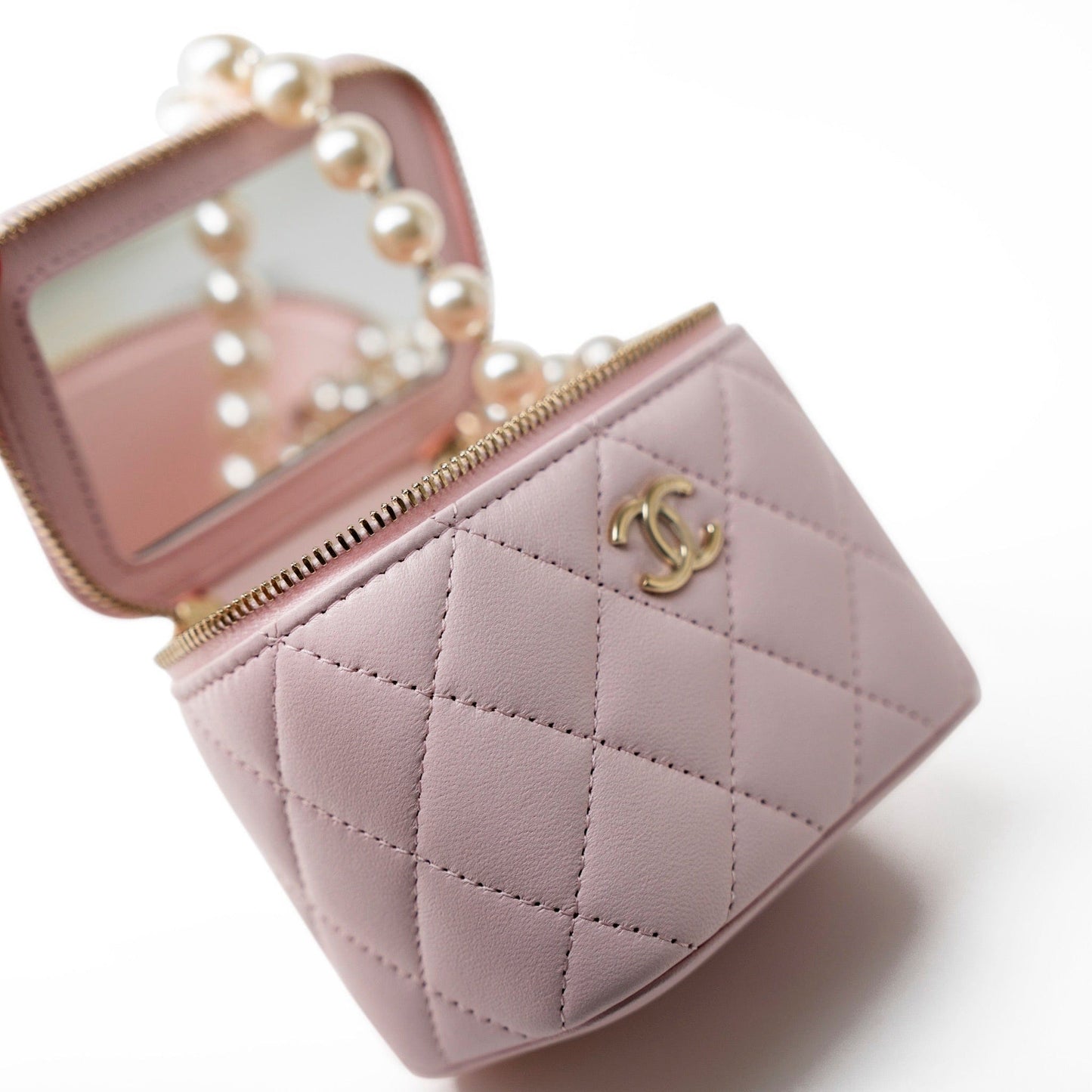 Light Pink Lambskin Quilted Mini Vanity Case With Pearl Chain
