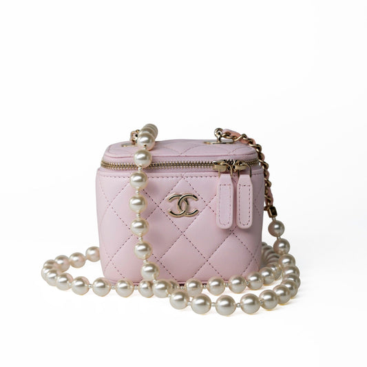 Light Pink Lambskin Quilted Mini Vanity Case With Pearl Chain