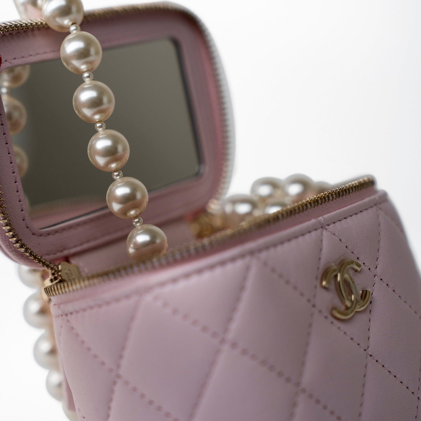 Light Pink Lambskin Quilted Mini Vanity Case With Pearl Chain