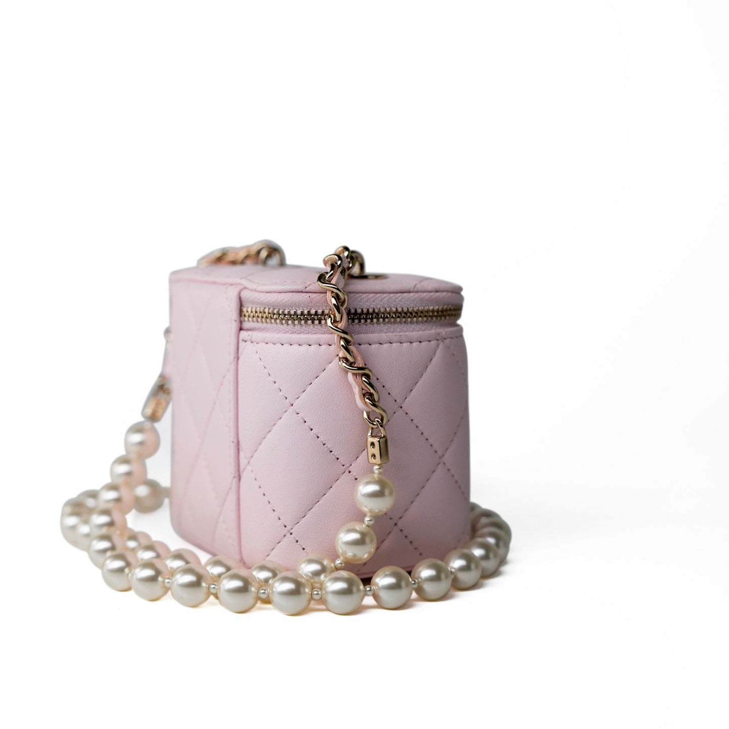 Light Pink Lambskin Quilted Mini Vanity Case With Pearl Chain