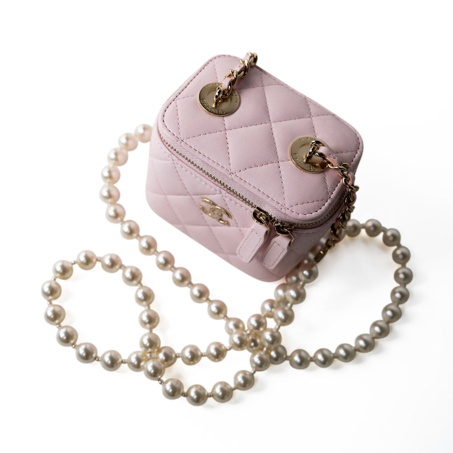 Light Pink Lambskin Quilted Mini Vanity Case With Pearl Chain