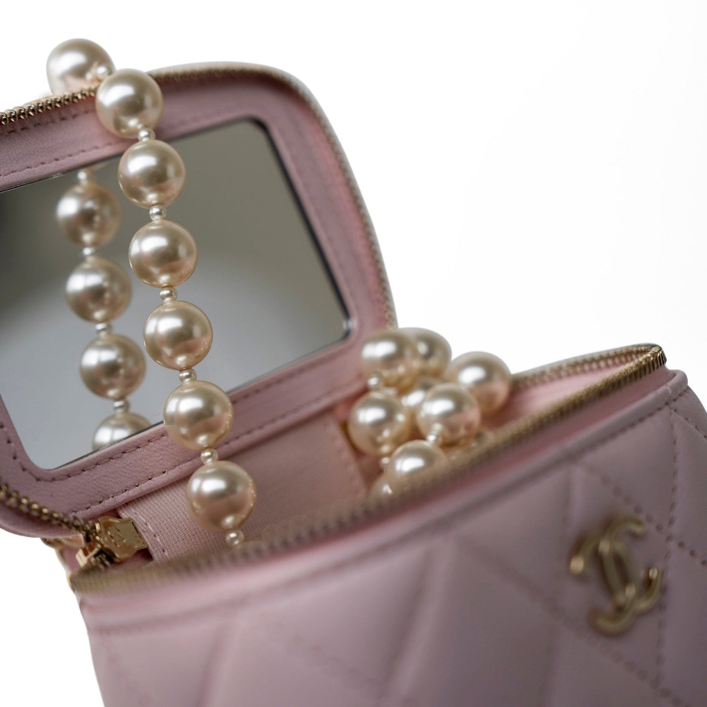 Light Pink Lambskin Quilted Mini Vanity Case With Pearl Chain