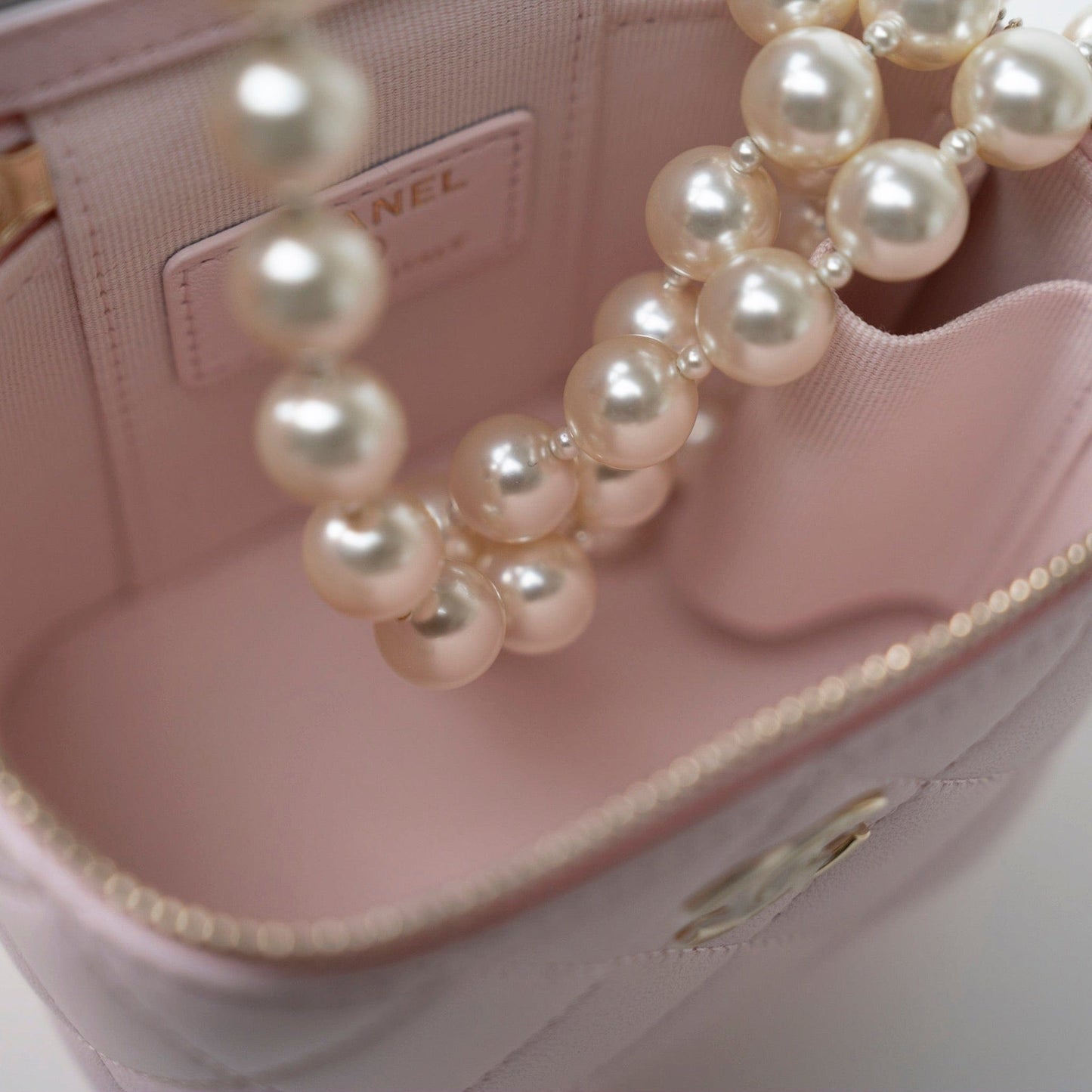 Light Pink Lambskin Quilted Mini Vanity Case With Pearl Chain