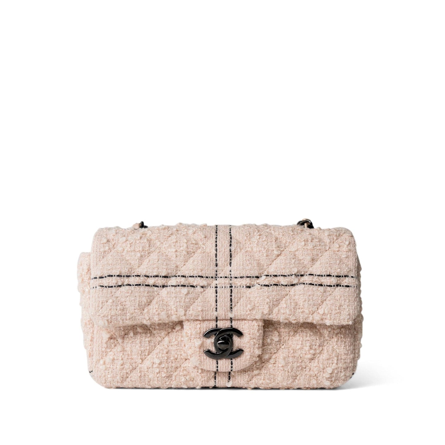 Light Pink Tweed Quilted Mini Rectangular Single Flap Black Metal Hardware