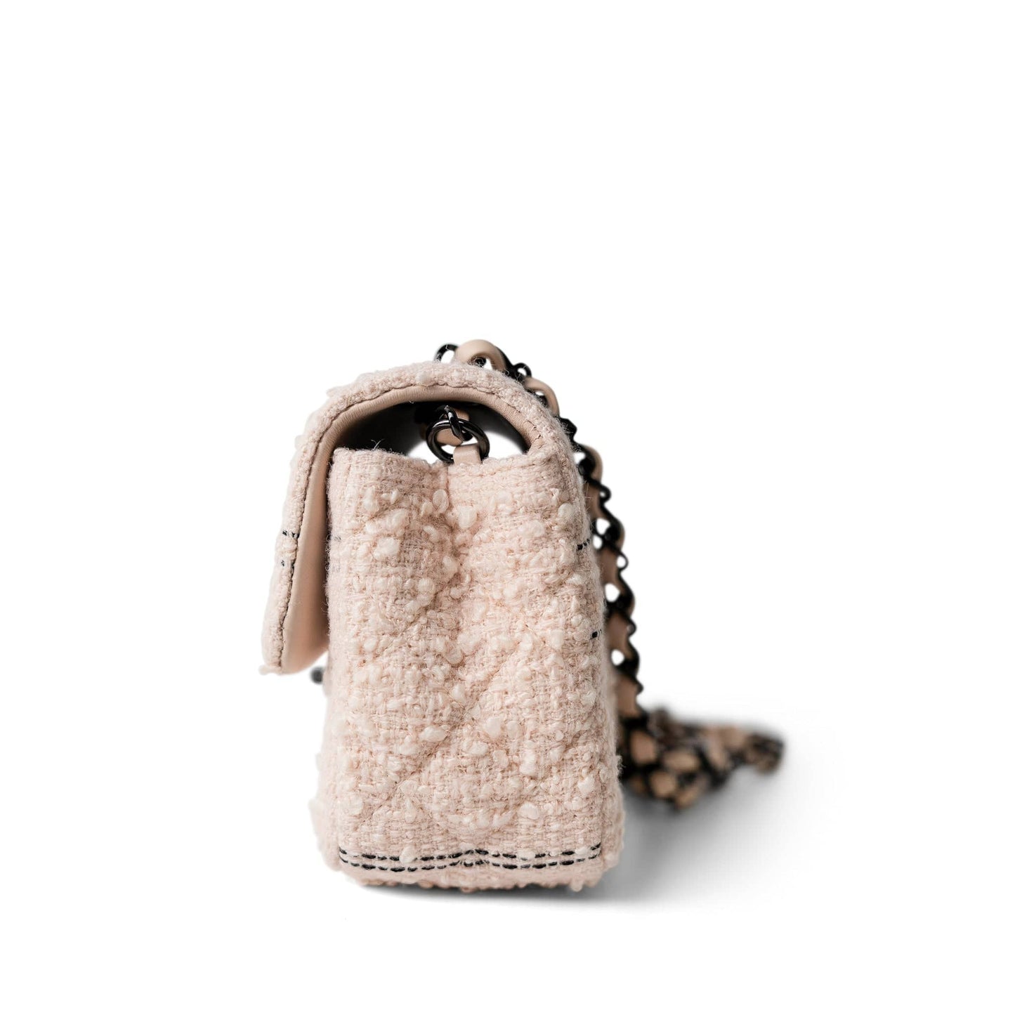 Light Pink Tweed Quilted Mini Rectangular Single Flap Black Metal Hardware