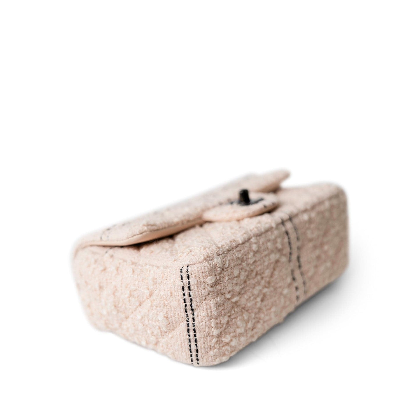 Light Pink Tweed Quilted Mini Rectangular Single Flap Black Metal Hardware