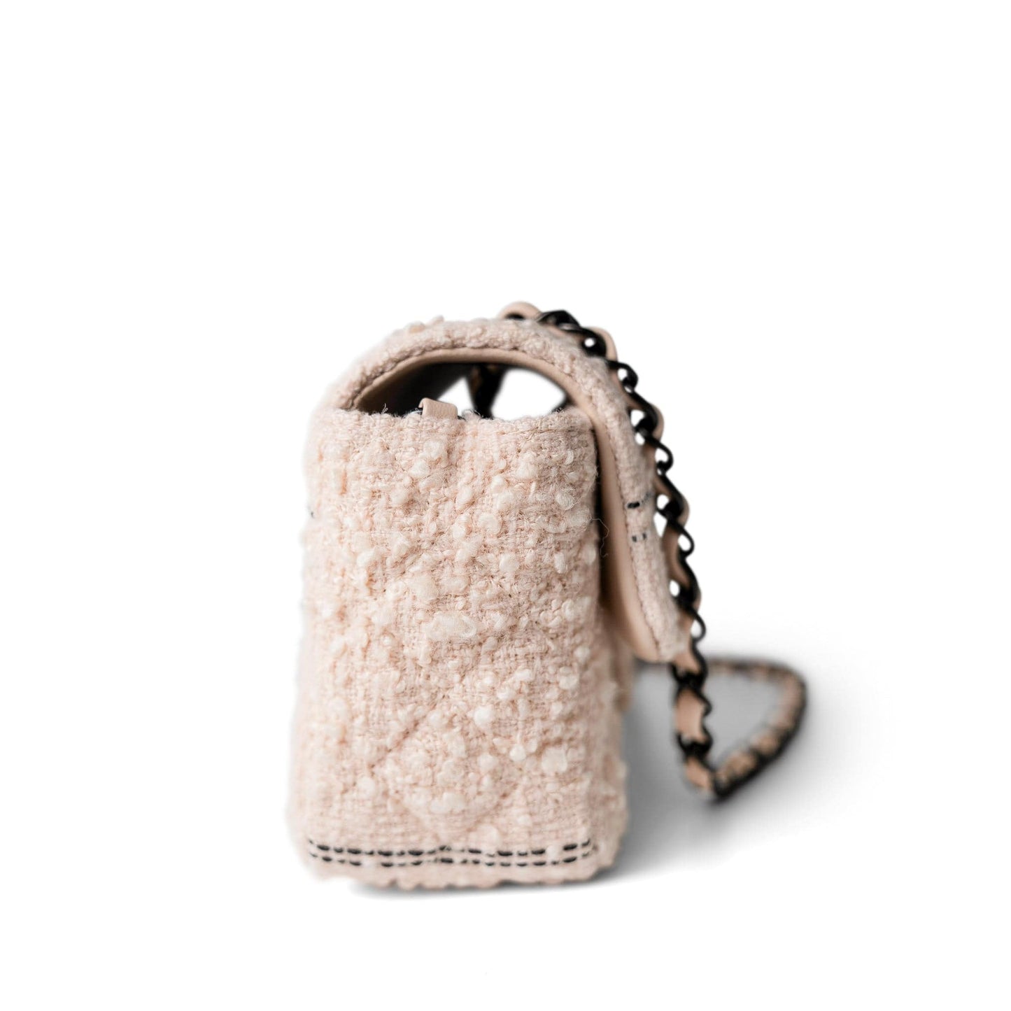 Light Pink Tweed Quilted Mini Rectangular Single Flap Black Metal Hardware