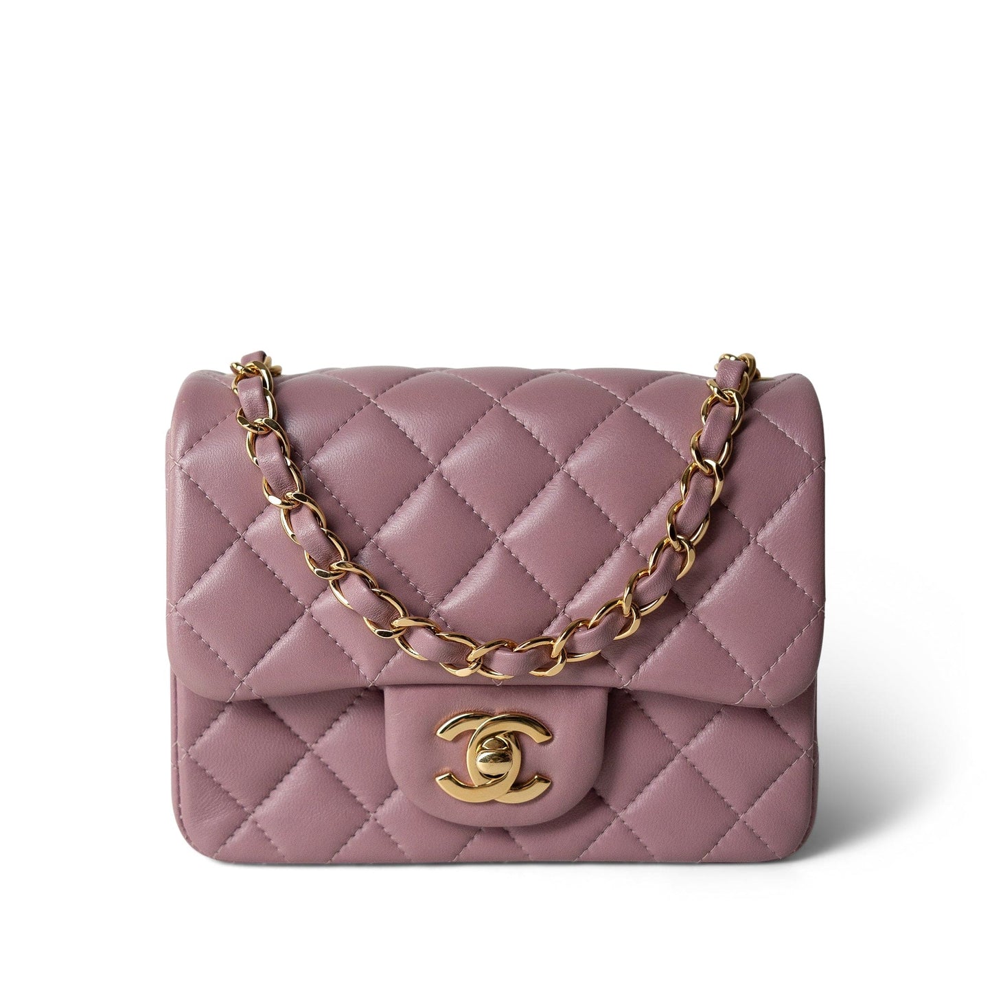 Mauve Lambskin Quilted Mini Square Flap