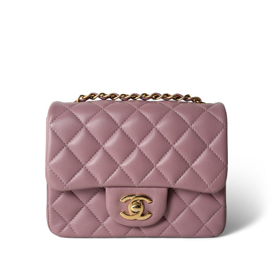 Mauve Lambskin Quilted Mini Square Flap