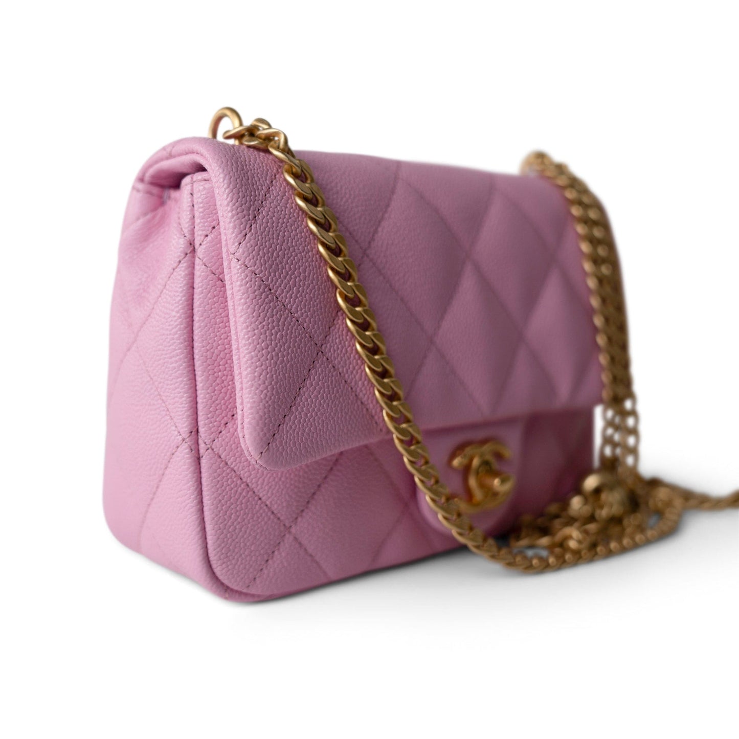Pink Caviar Quilted Sweetheart Mini Flap Antique Gold Hardware