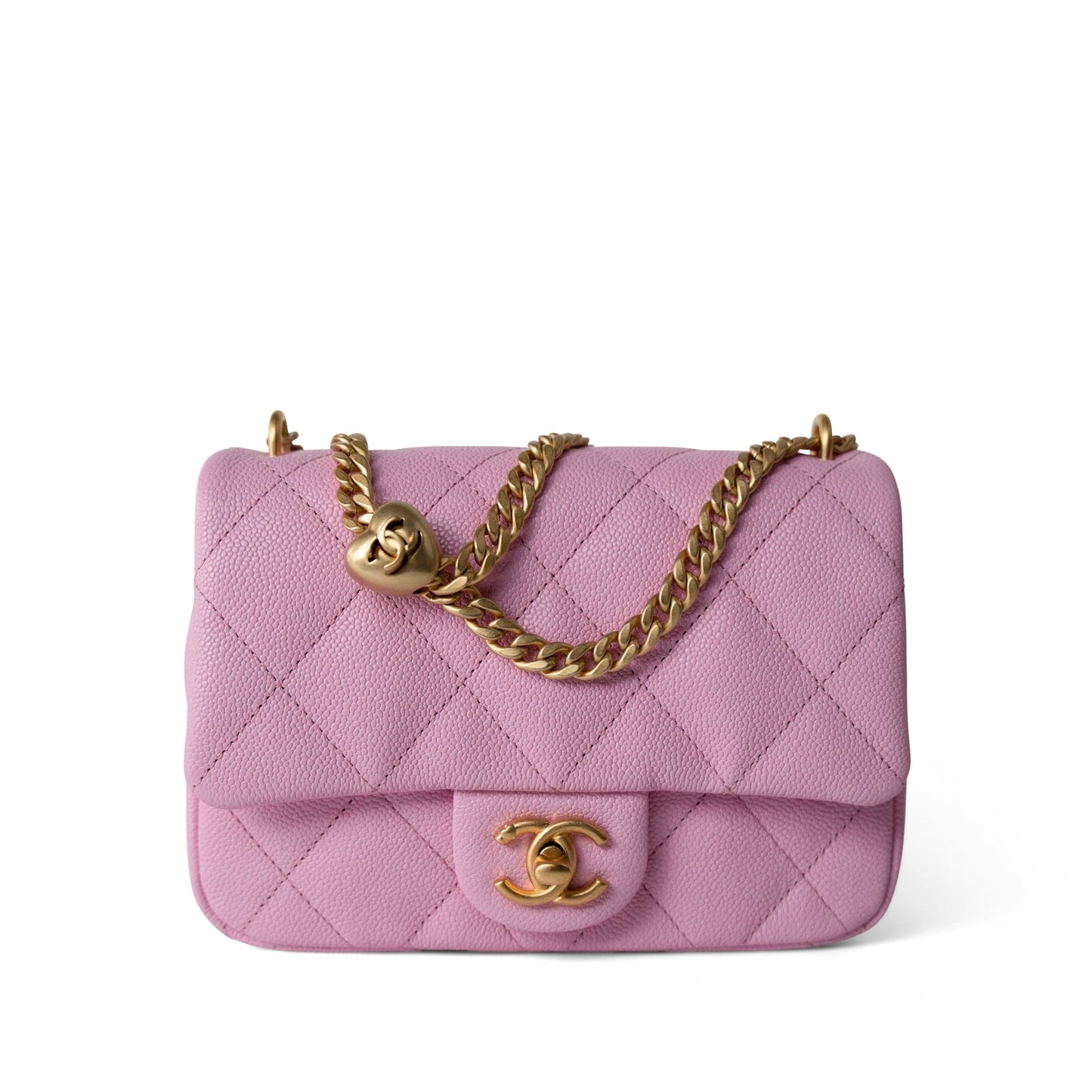 Pink Caviar Quilted Sweetheart Mini Flap Antique Gold Hardware