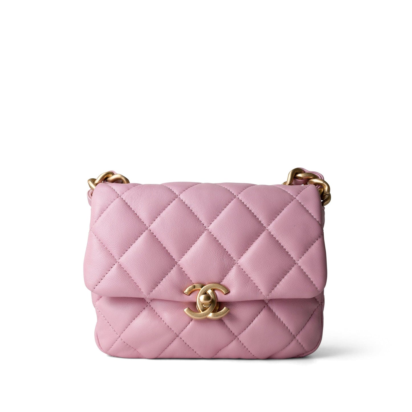 Pink Mini Lacquered Chain Lambskin Quilted Flap Aged Gold Hardware