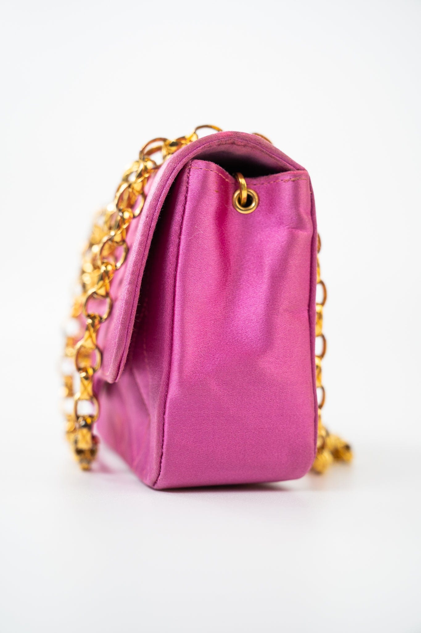 Pink Satin Quilted Single Flap Mini Gold Hardware