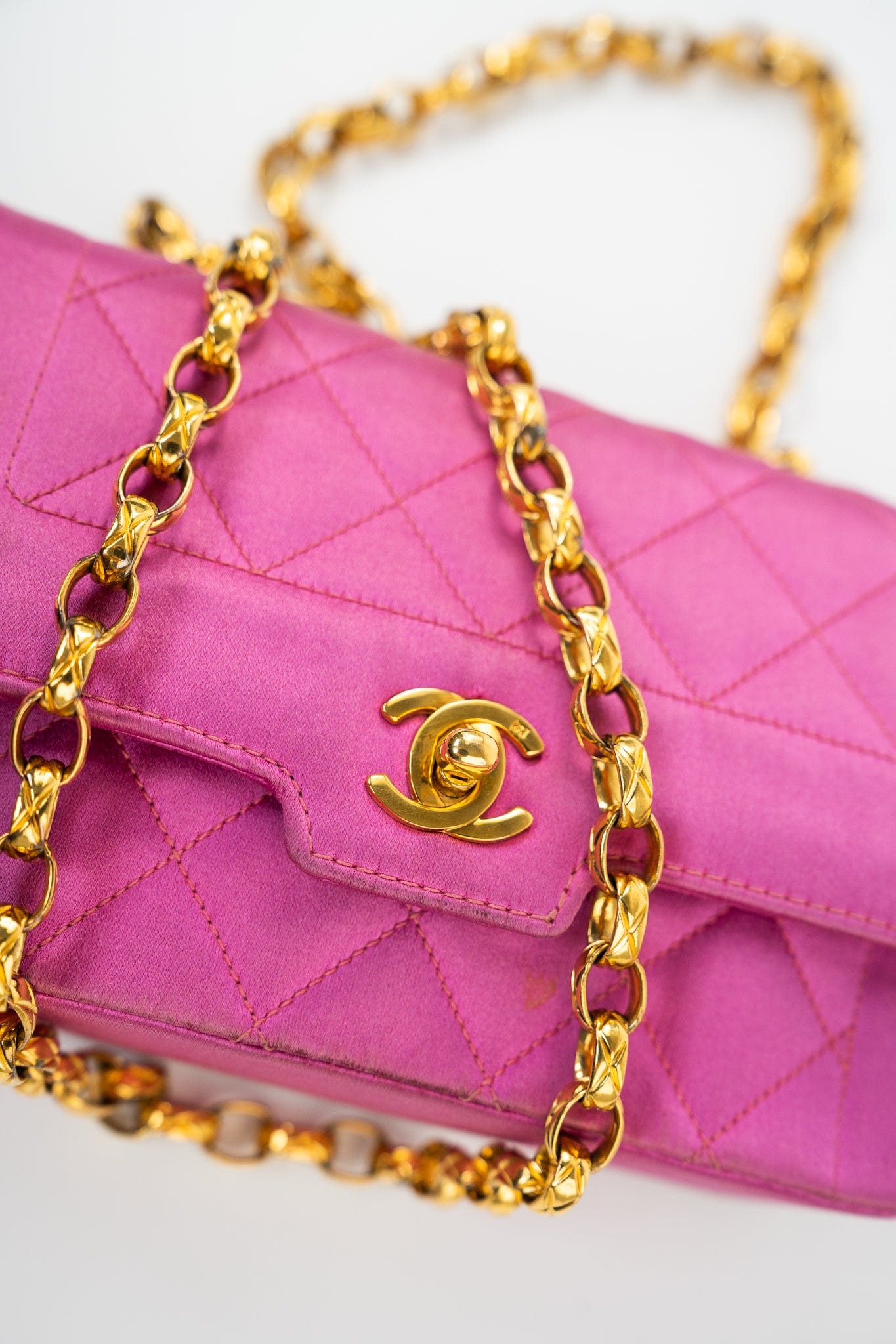 Pink Satin Quilted Single Flap Mini Gold Hardware