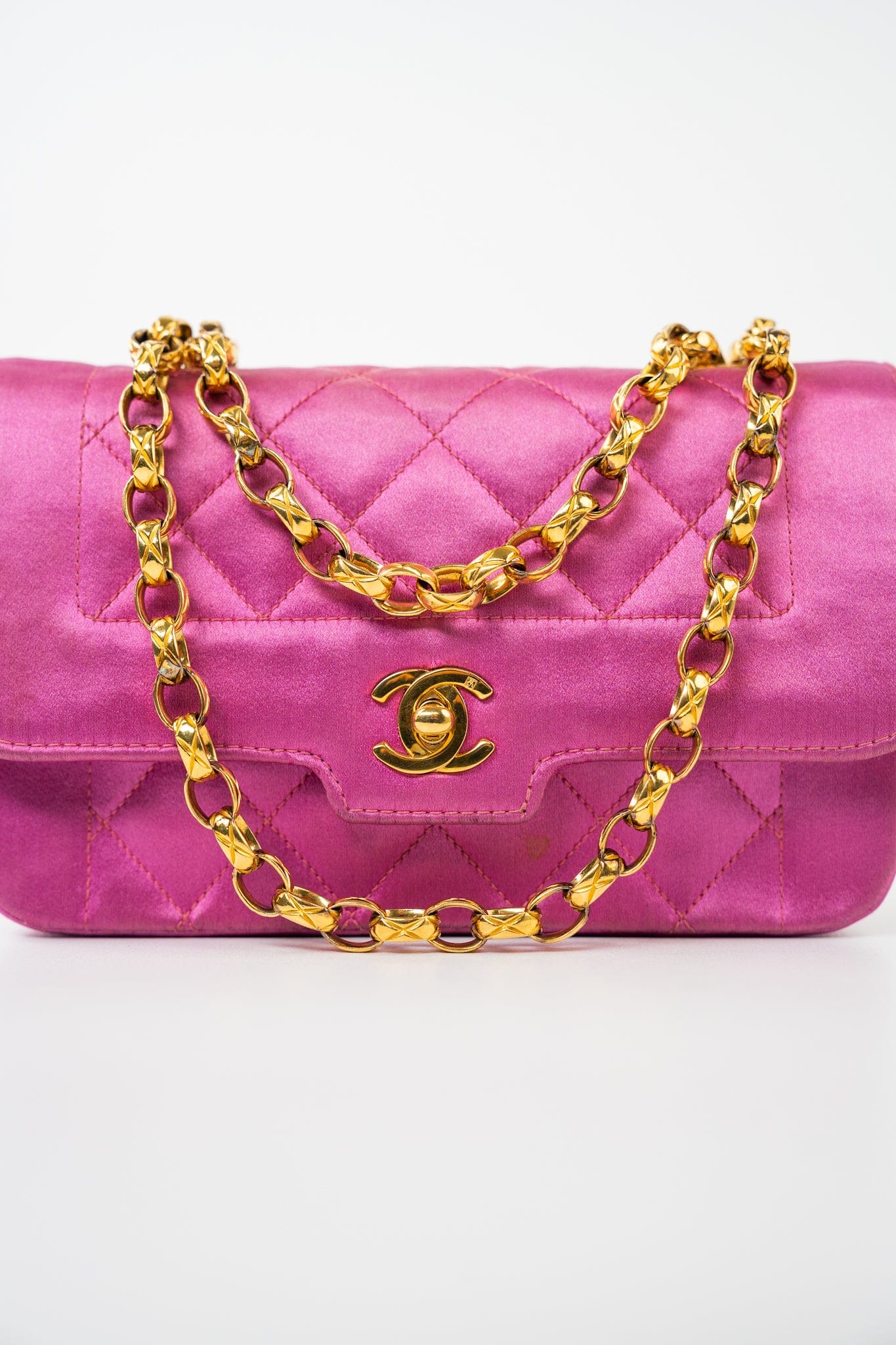 Pink Satin Quilted Single Flap Mini Gold Hardware