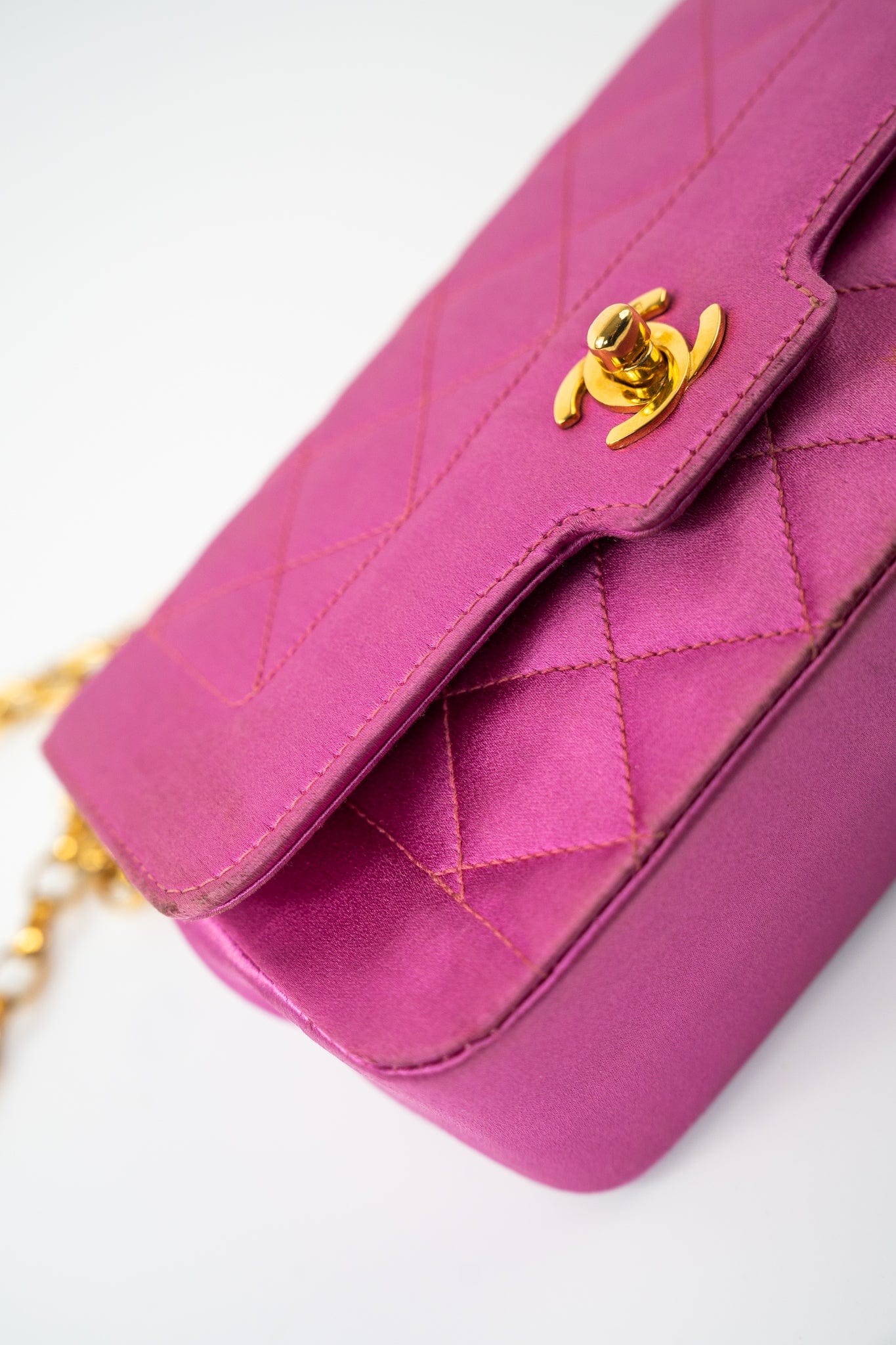 Pink Satin Quilted Single Flap Mini Gold Hardware