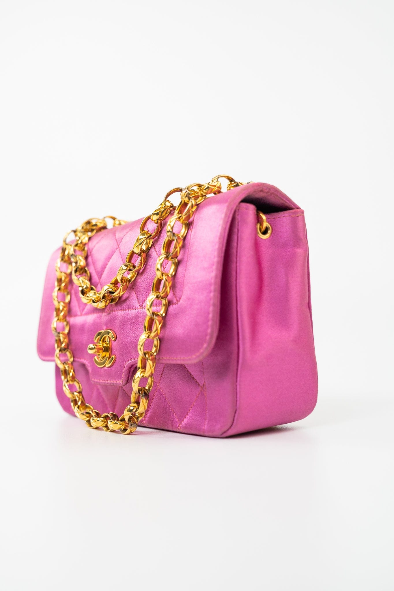 Pink Satin Quilted Single Flap Mini Gold Hardware