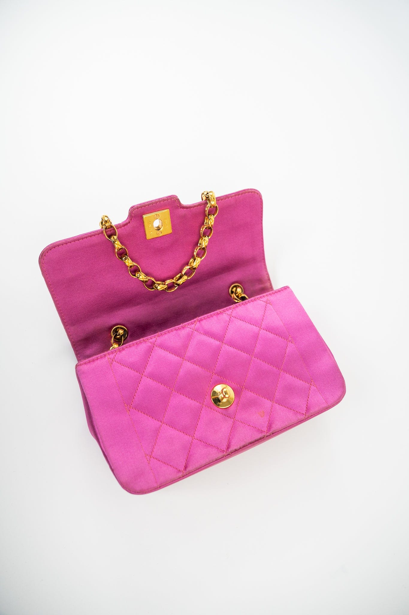 Pink Satin Quilted Single Flap Mini Gold Hardware