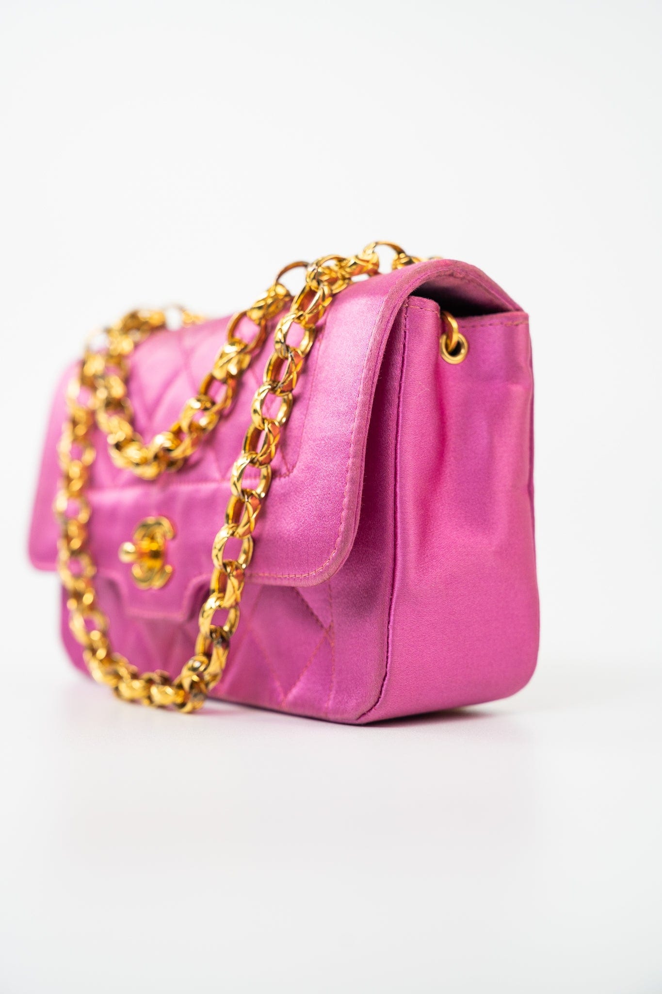Pink Satin Quilted Single Flap Mini Gold Hardware