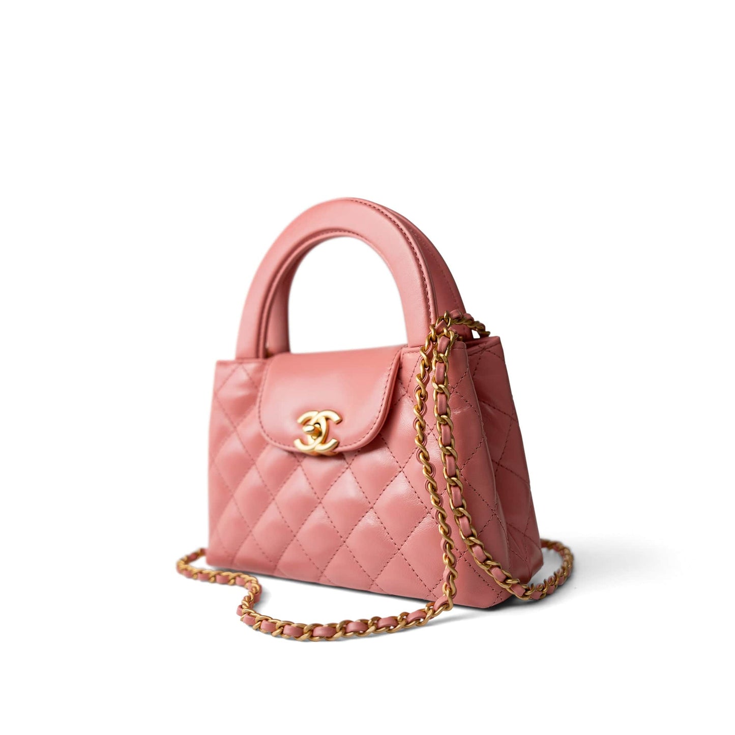 Shiny Aged Calfskin Quilted Nano Kelly Shopper Coral Pink
